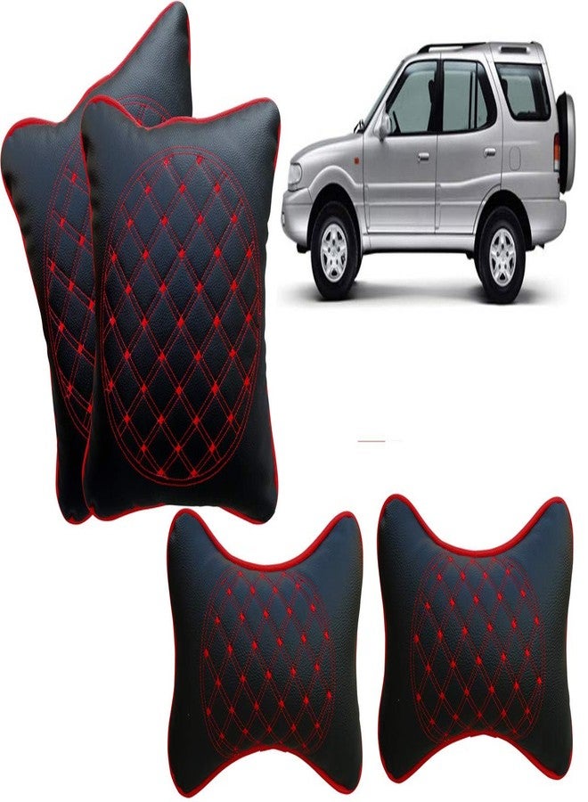 Selifaur Black and Red Double Quilted Car Cushion and Neck Rest Pillow Set of 4 for Safari - Image 1